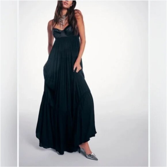 Free People Freya Maxi Black Silky Dress size M - Picture 1 of 12
